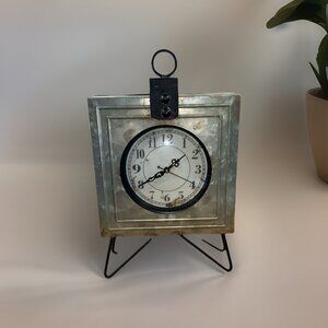 Kirklands Industrial Style Table Clock 12” on base Rustic Galvanized 7.5” Square